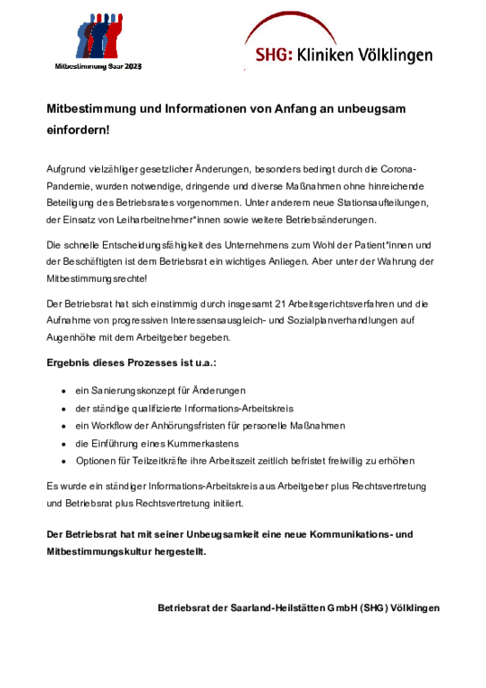 SHG Kliniken Völklingen SHG Kliniken Völklingen - Mitbestimmung und Informationen von Anfang an unbeugsam einfordern!