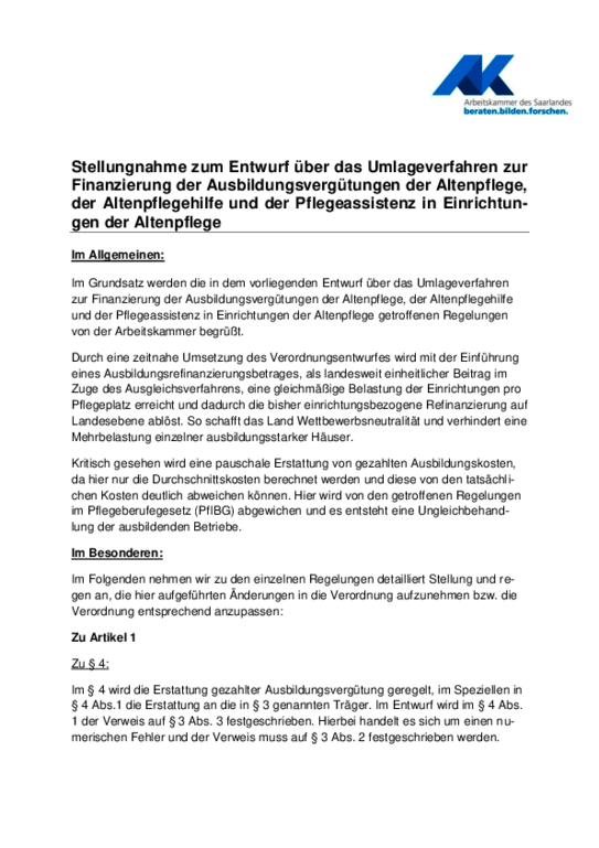 Stellungnahme vom 11. September 2020 - Stellungnahme zum Entwurf über das Umlageverfahren zur Finanzierung der Ausbildungsvergütungen der Altenpflege, der Altenpflegehilfe und der Pflegeassistenz in Einrichtungen der Altenpflege 