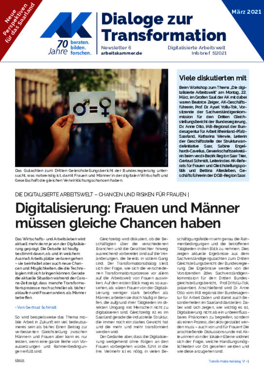 AK-Transformationsdialog "Die digitalisierte Arbeitswelt" 22. März 2021 - Digitalisierung: Frauen und Männer müssen gleiche Chancen haben