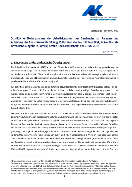 Stellungnahme der Arbeitskammer des Saarlandes vom 2. Juni 2025 - Schriftliche Stellungnahme der Arbeitskammer des Saarlandes im Rahmen der Anhörung des Ausschusses für Bildung, Kultur und Medien mit dem Titel „Prävention als öffentliche Aufgabe in Familie, Schule und Gesellschaft“ am 2. Juni 2025