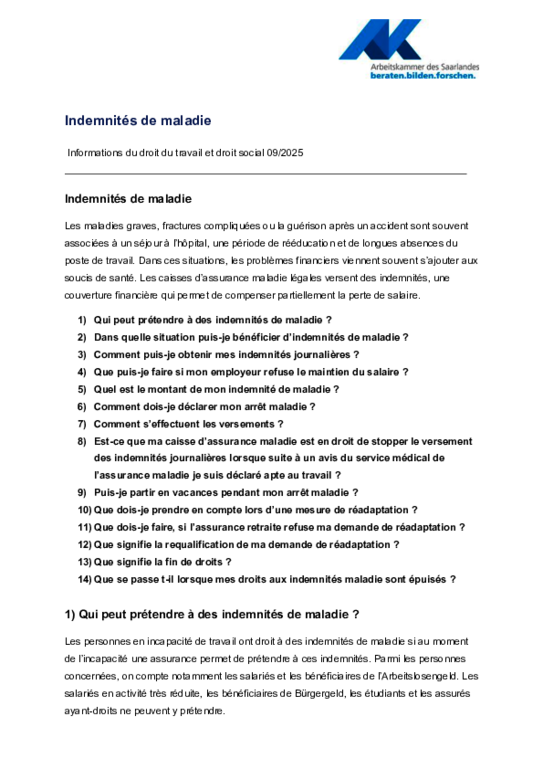 Indemnités de maladie (PDF sans barrière) - Informations droit social et droit du travail 9/2025