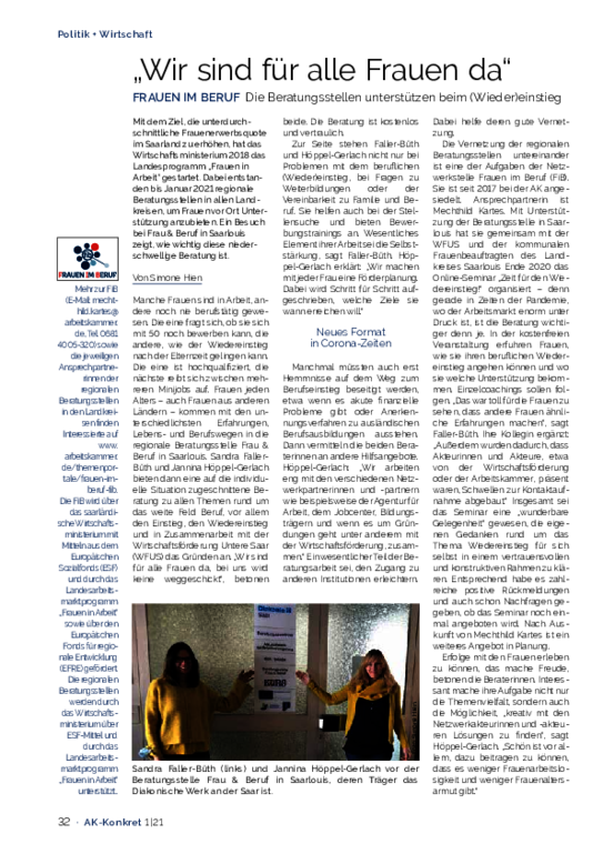 „Wir sind für alle Frauen da" „Wir sind für alle Frauen da" - FiB: Die Beratungsstellen unterstützen beim (Wieder)einstieg (AK-Konkret Heft 1 2021)