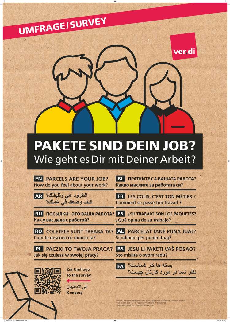 Aufruf zur Umfrage in der Paketbranche in verschiedenen Sprachen mit QR-Code. Das Bild ist verlinkt mit der URLhttps://fragen.uzbonn.de/SPSSMR/Interviewing/Surveys/kep?Id=&action=getNew