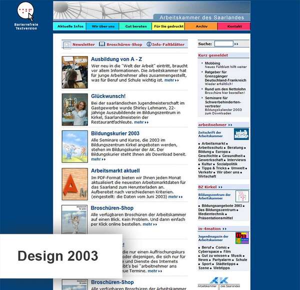 Design der Website im Jahr 2003 Design der Website im Jahr 2003