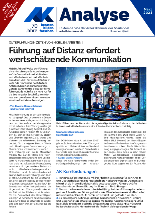 Gute Führung in Zeiten von mobilem Arbeiten - Führung auf Distanz erfordert wertschätzende Kommunikation (Ausgabe 15 / März 2021)