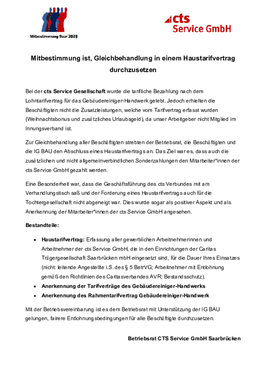 cts Service GmbH cts Service GmbH - Mitbestimmung ist, Gleichbehandlung in einem Haustarifvertrag durchzusetzen