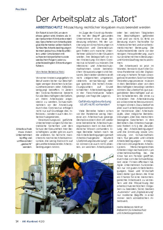 Arbeitsschutz: Missachtung rechtlicher Vorgaben muss beendet werden (PDF) Arbeitsschutz: Missachtung rechtlicher Vorgaben muss beendet werden (PDF) - Der Arbeitsplatz als Tatort (AK-Konkret, August 2020)