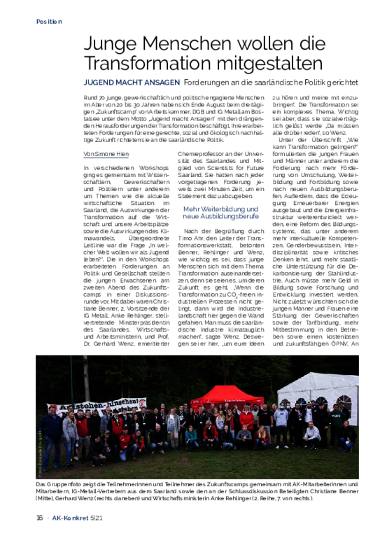 Junge Menschen wollen die  Transformation mitgestalten - JUGEND MACHT ANSAGEN Forderungen an die saarländische Politik gerichtet
