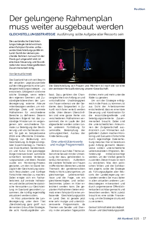 Der gelungene Rahmenplan muss weiter ausgebaut werden - GLEICHSTELLUNGSSTRATEGIE Ausführung sollte Aufgabe aller Ressorts sein
AK-Konkret, Heft 3, Juni 2025