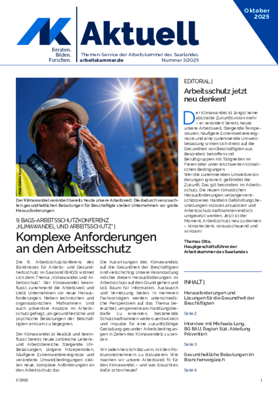 9. BAGS Arbeitsschutzkonferenz: Klimawandel und Arbeitsschutz - Komplexe Anforderungen an den Arbeitsschutz
(Oktober 2025)