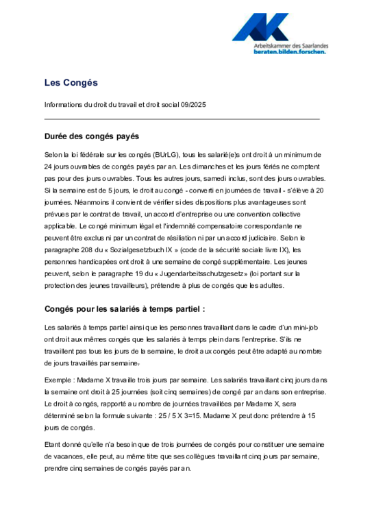 Congés (PDF sans barrière) - Informations droit social et droit du travail (9/2025)