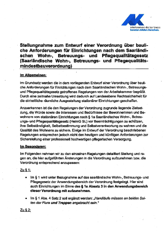 Stellungnahme der Arbeitskammer Februar 2020 - Stellungnahme der Arbeitskammer zum Entwurf einer Verordnung über bauliche Anforderungen für Einrichtungen nach dem saarländischen Wohn-, Betreuungs- und Pflegqualitätsgesetz 