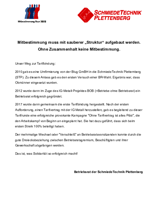 SchmiedeTechnik Plettenberg SchmiedeTechnik Plettenberg - Mitbestimmung muss mit sauberer „Struktur“ aufgebaut werden. Ohne Zusammenhalt keine Mitbestimmung.