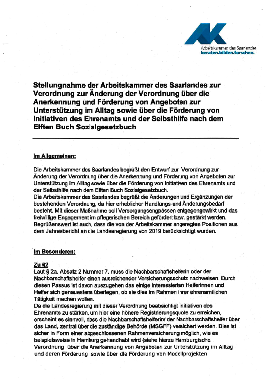 Stelldungnahme der Arbeitskammer vom 11. Mai 2020 - Stellungnahme der Arbeitskammer des Saarlandes zur Verordnung zur Änderung der Verordnung über die Anerkennung und Förderung von Angeboten zur Unterstützung im Alltag sowie über die Förderung von Initiativen des Ehrenamts und der Selbsthilfe nach dem Elften Buch Sozialgesetzbuch 