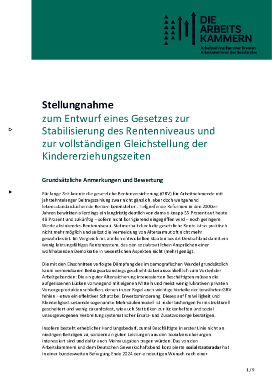 Gemeinsame Stellungnahme der Arbeitskammer Bremen und des Saarlandes (September 2025) - Gemeinsame Stellungnahme der Arbeitskammern zum zum Entwurf eines Gesetzes zur Stabilisierung des Rentenniveaus und zur vollständigen Gleichstellung der Kindererziehungszeiten