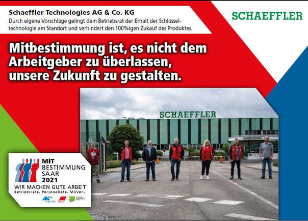 Ausstellerplakat Schaeffler Technologies: Durch eigene Vorschläge gelingt dem Betriebsrat der Erhalt der Schlüsseltechnologie am Standort und verhindert den 100 %igen Zukauf des Produktes