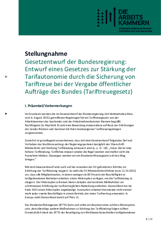 Gemeinsame Stellungnahme ANK Bremen / AK Saarland (Juli 2025) - Stellungnahme zum Gesetzentwurf der Bundesregierung: Entwurf eines Gesetzes zur Stärkung der Tarifautonomie durch die Sicherung von Tariftreue bei der Vergabe öffentlicher Aufträge des Bundes (Tariftreuegesetz) 