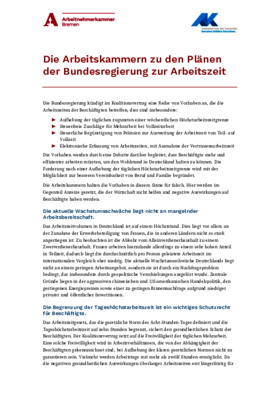 Position der Arbeitskammer des Saarlandes und der Arbeitnehmerkammer Bremen vom 24. Juli 2025 - Die Arbeitskammern zu den Plänen der Bundesregierung zur Arbeitszeit (PDF nicht barrierefrei)