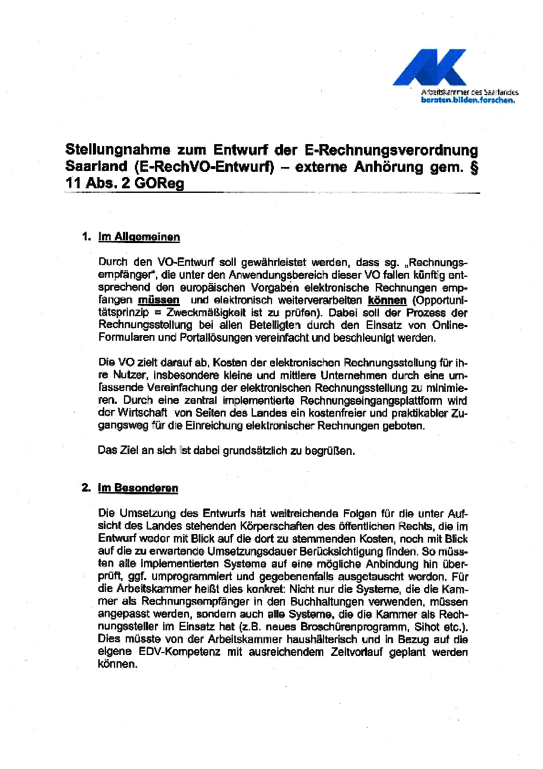 Stellungnahme der Arbeitskammer vom 25. März 2020 - Stellungnahme Arbeitskammer des Saarlandes zum Entwurf der E-Rechnungsverordnung (E-RechVO-Entwurf) – externe Anhörung gem. § 11 Abs. 2 GOReg 