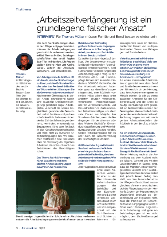 Arbeitszeitverlängerung ist ein grundlegend falscher Ansatz - INTERVIEW Für Thomas Müller müssen Familie und Beruf besser vereinbar sein 
(AK-Konkret Heft 3, Juni 2023)