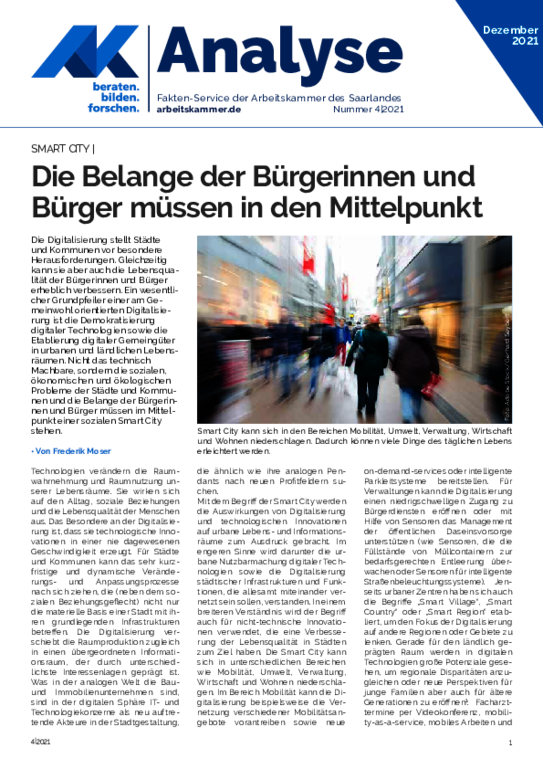 AK-Analyse "Smart City" - Die Belange der Bürgerinnen und Bürger müssen in den Mittelpunkt (Dezember 2021)