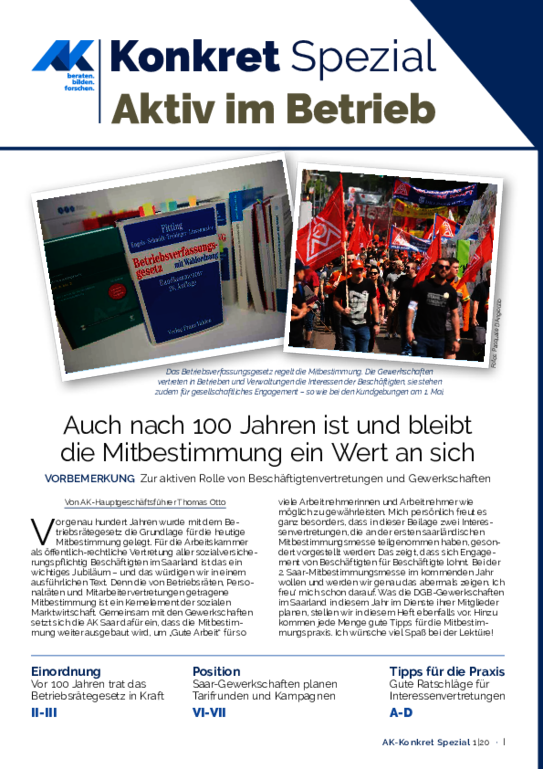 AK-Konkret Spezial Aktiv im Betrieb 1/2020 - Auch nach 100 Jahren ist und bleibtdie Mitbestimmung ein Wert an sich