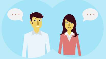 Cartoon Frau und Mann, blauer Hintergrund