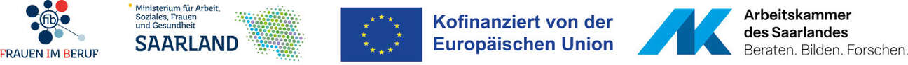 Logos: Ministerium für Arbeit, Soziales, Frauen und Gesundheit, Europäischen Sozialfonds Plus, Arbeitskammer des Saarlandes, Netzwerkstelle Frauen im Beruf