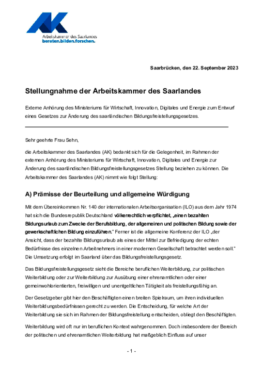 Stellungnahme der Arbeitskammer des Saarlandes vom 22. September 2023 (PDF barrierefrei) - Stellungnahme zur externe Anhörung des Ministeriums für Wirtschaft, Innovation, Digitales und Energie zum Entwurf eines Gesetzes zur Änderung des saarländischen Bildungsfreistellungsgesetzes. 