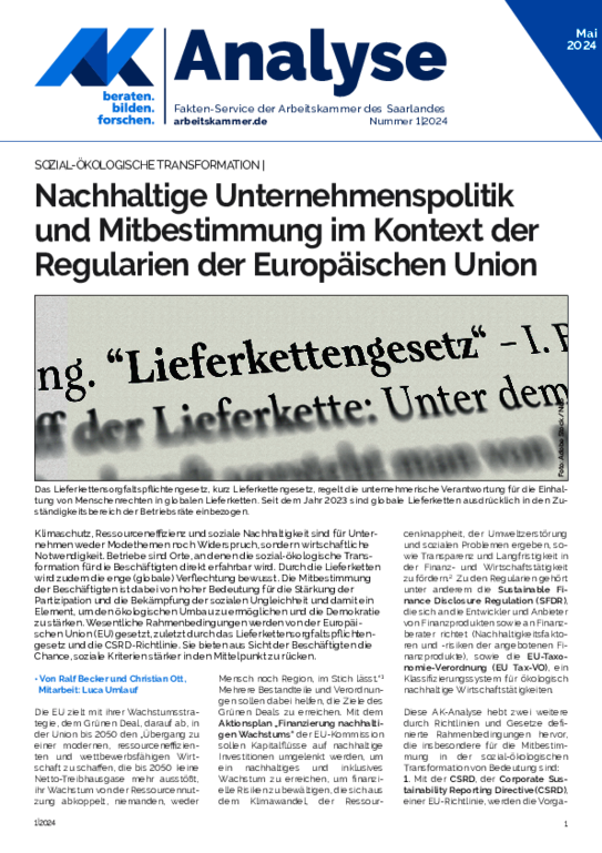 Nachhaltige Unternehmenspolitik und Mitbestimmung im Kontext der Regularien der Europäischen Union 05/2024 Nachhaltige Unternehmenspolitik und Mitbestimmung im Kontext der Regularien der Europäischen Union 05/2024 - Lieferkettengesetz