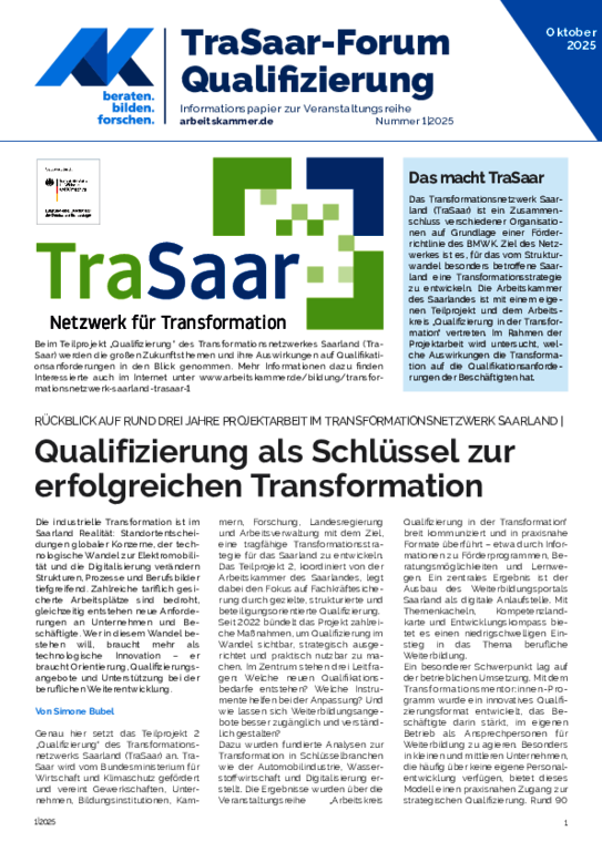 Informationspapier zur Veranstaltungsreihe TraSaar-Forum "Qualifizierung" - Qualifizierung als Schlüssel zur erfolgreichen Transformation