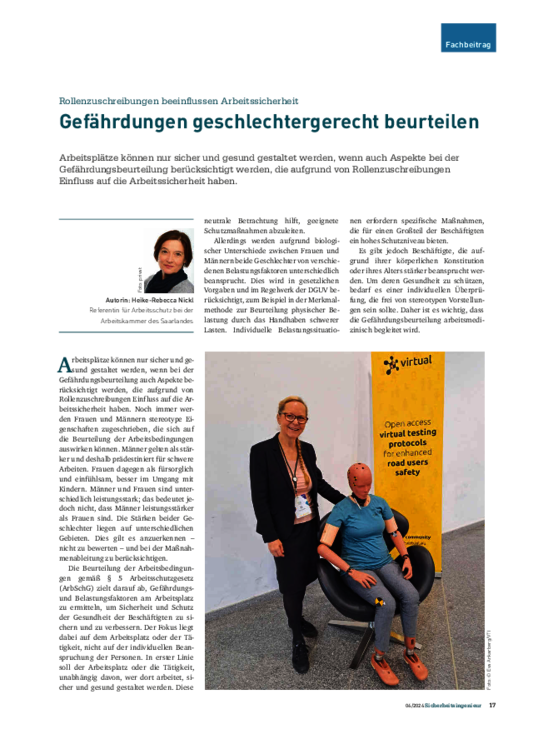 Gefährdungen geschlechtergerecht beurteilen Gefährdungen geschlechtergerecht beurteilen - Rollenzuschreibungen beeinflussen Arbeitssicherheit
(Ausgabe 4/2024)