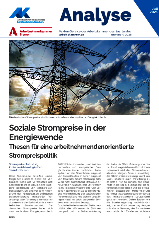 Soziale Strompreise in der Energiewende - Thesen für eine arbeitnehmendenorientierte
Strompreispolitik (Ausgabe 1, Juli 2025)