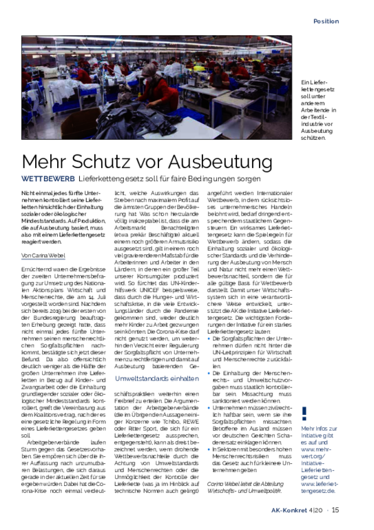 Mehr Schutz vor Ausbeutung - Heft 04/2020 Mehr Schutz vor Ausbeutung - Heft 04/2020 - Lieferkettengesetz soll für faire Bedingungen sorgen