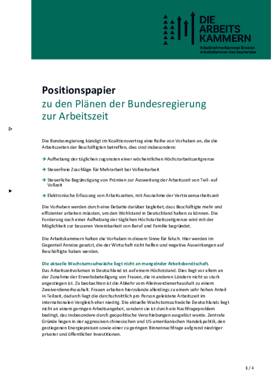 Gemeinsame Stellungnahme ANK Bremen / AK Saarland (Oktober 2025) - Die Arbeitskammern zu den Plänen der Bundesregierung zur Arbeitszeit