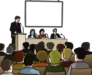 Veranstaltung mit Podium Sprecher am Rednerpult mit Podium und Pubblikum