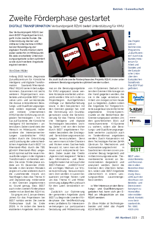 Zweite Förderphase gestartet - DIGITALE TRANSFORMATION Verbundprojekt RZzKI bietet Unterstützung für KMU