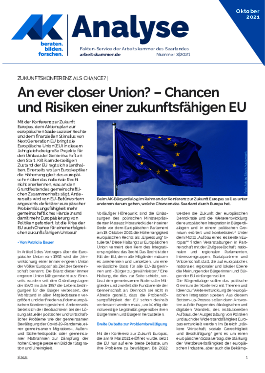 An ever closer Union? – Chancen  und Risiken einer zukunftsfähigen EU - Zukunftskonferenz als Chance!? (November 2021)