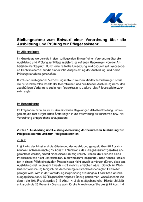 Stellungnahme vom 14. September 2020 - Stellungnahme zum Entwurf einer Verordnung über die Ausbildung und Prüfung zur Pflegeassistenz 