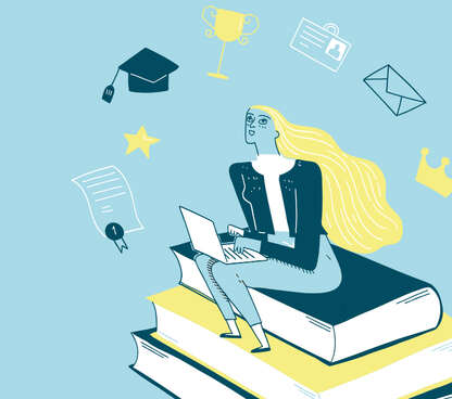 Illustration von einer Frau, die mit Laptop auf Schoß auf einem Buchstapel sitzt