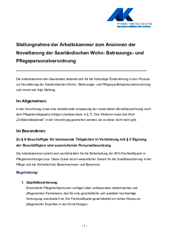 Stellungnahme der Arbeitskammer vom 25. Oktober 2024 - Novellierung der Saarländischen Wohn- Betreuungs- und Pflegepersonalverordnung