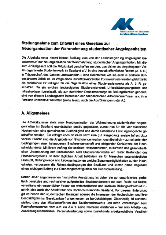 Stellungnahme der Arbeitskammer vom 5. Oktober 2020 - Stellungnahme der Arbeitskammer zum Entwurf eines Gesetzes zur Neuorganisation der Wahrnehmung studentischer Angelegenheiten 