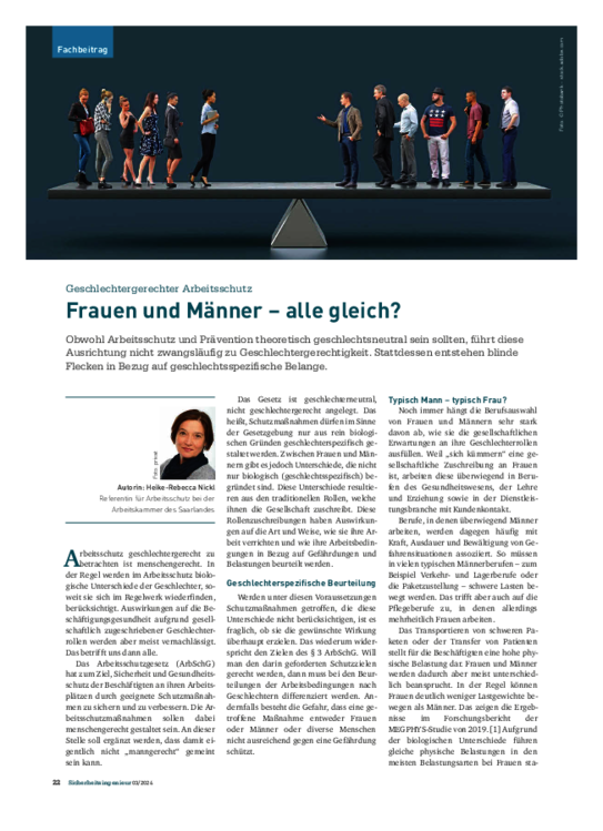 Frauen und Männer - alle gleich? Frauen und Männer - alle gleich? - Geschlechtergerechter Arbeitsschutz
(Ausgabe 3/2024)