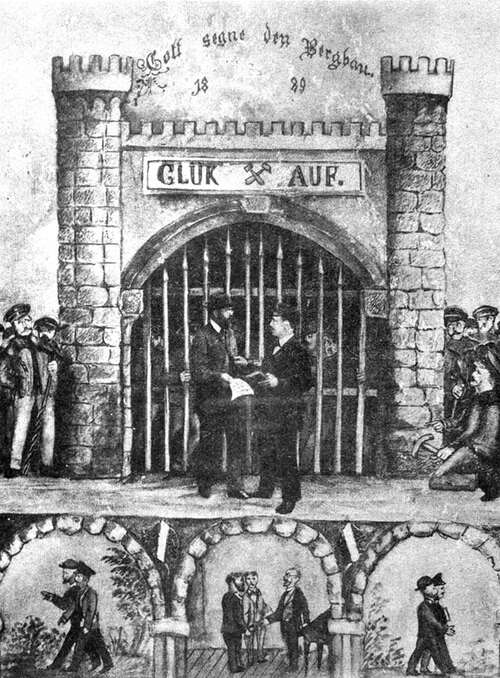 Radierung von 1889 - der frühgewerkschaftliche Rechtsschutzverein für bergmännische Bevölkerung wurde gegründet Radierung von 1889 - der frühgewerkschaftliche Rechtsschutzverein für bergmännische Bevölkerung wurde gegründet