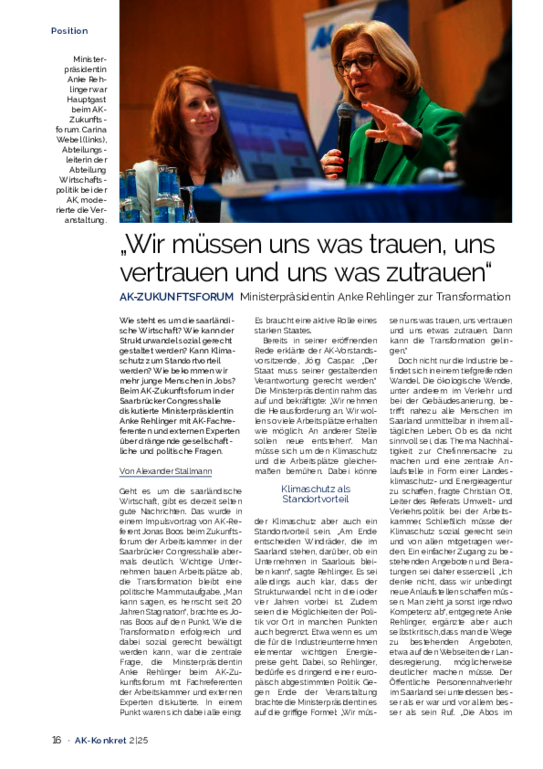„Wir müssen uns was trauen, uns vertrauen und uns was zutrauen“ - AK-ZUKUNFTSFORUM Ministerpräsidentin Anke Rehlinger zur Transformation (Heft 2, April 2025)