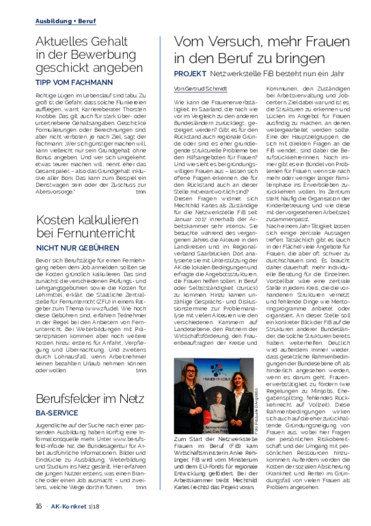 Vom Versuch, mehr Frauen in den Beruf zu bringen Vom Versuch, mehr Frauen in den Beruf zu bringen - Netzwerkstelle FiB besteht nun ein Jahr (Heft 1/2018)