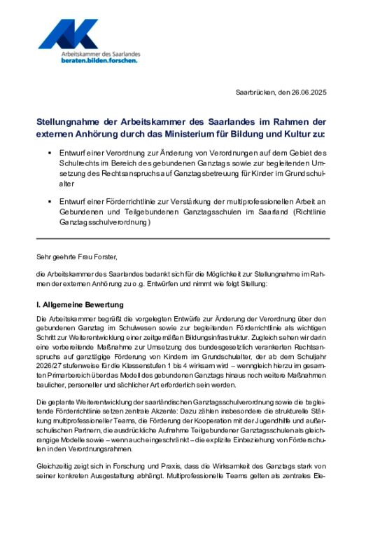 Stellungnahme der Arbeitskammer vom 30. Juni 2025 - Stellungahme, Verordnung zur Änderung von Verordnungen im Bereich des gebundenen Ganztags sowie zur begleitenden Umsetzung des Rechtsanspruchs auf Ganztagsbetreuung für Kinder im Grundschulalter. 