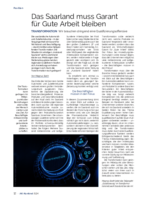Transformation: Das Saarland muss Garant für Gute Arbeit bleiben" - Heft 5, Oktober 2024
