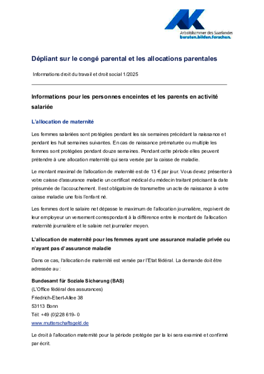 Dépliant sur de congé parental et les allocation parentales (PDF sans barrière) - Informations droit social et droit du travail 1/2025