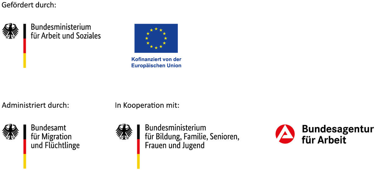 Alle Logos des Förderprogramm IQ – Integration durch Qualifizierung: Bundesministerium für Arbeit und Soziales, Europäische Union - Europäischen Sozialfonds Plus (ESF Plus), Bundesamt für Migration und Flüchtlinge; Bundesministerium für Bildung, Familie, Senioren, Frauen und Jugend und die Bundesagentur für Arbeit.